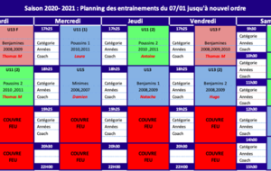 Planning des entrainements - Janvier 2021